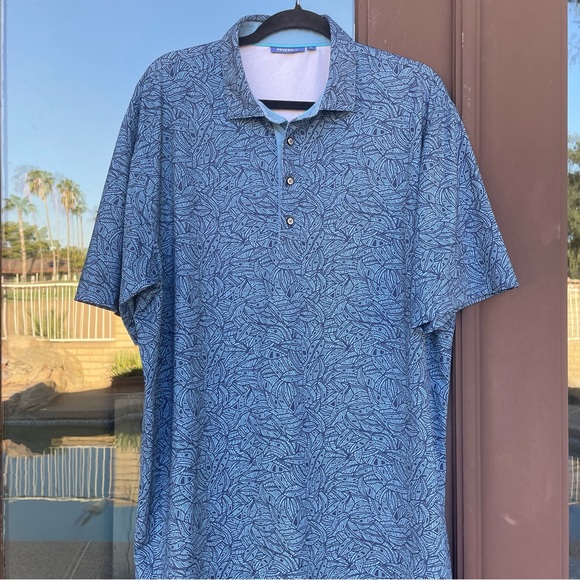 Devereux Navy Blue / Light Blue Geo Leafy Print Golf Polo XL - Picture 3 of 10